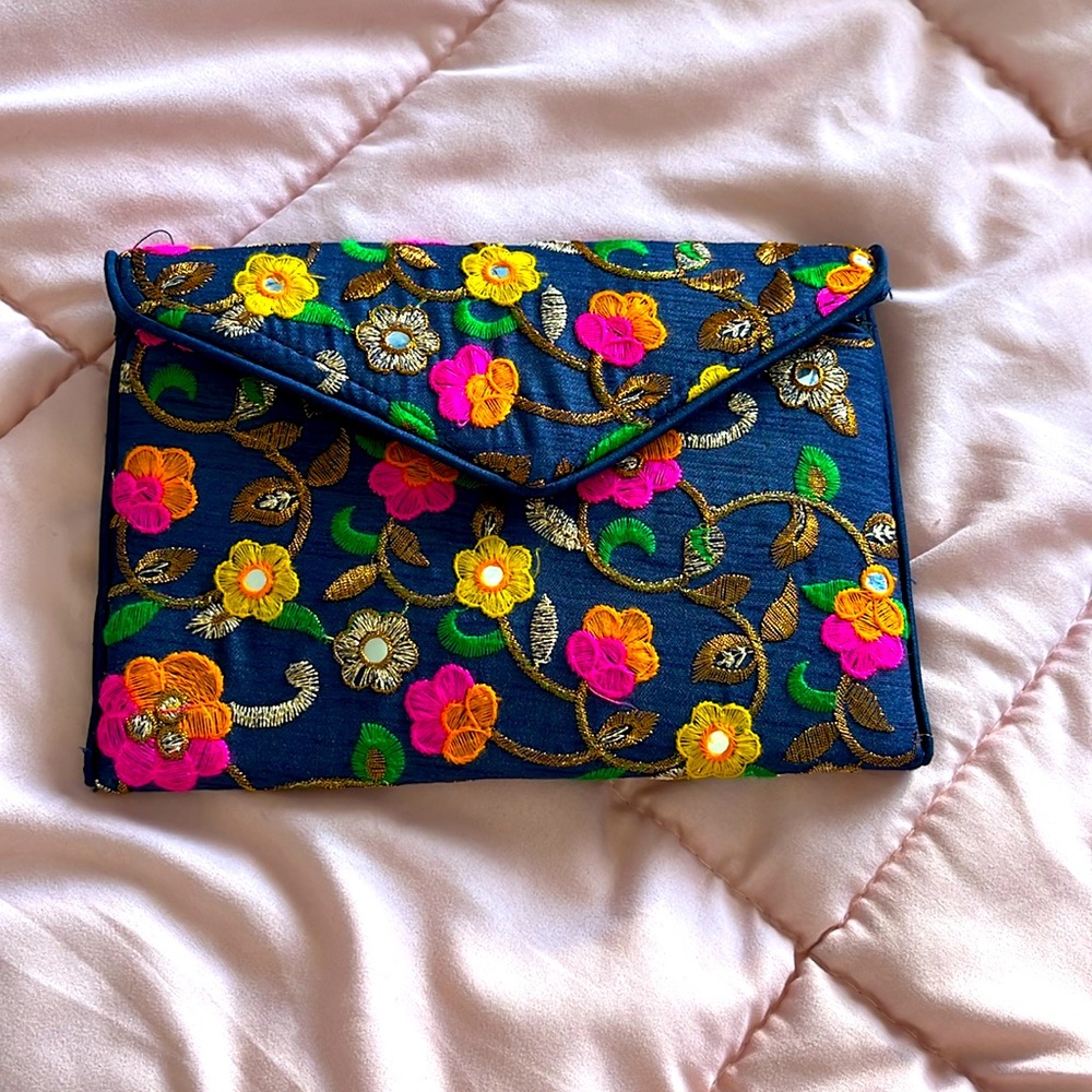 Multicolor embroidered handbag antique floral mirror work navy blue Indian bag
